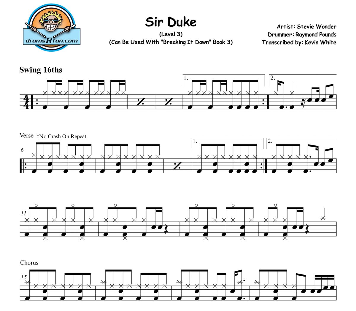 Stevie Wonder Sir Duke Drum Transcription Level 3